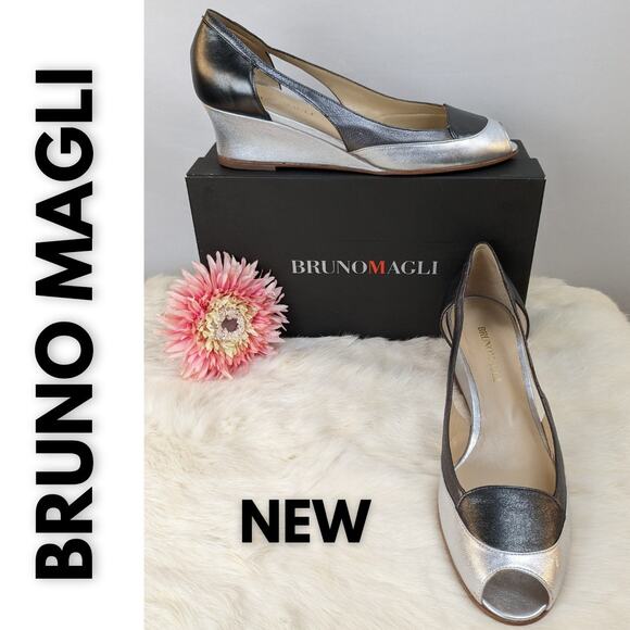 Bruno Magli Fiesse Wedge Heel Gray Color-Block Lambskin Leather Size 9.5 AA, NEW - Picture 3 of 10